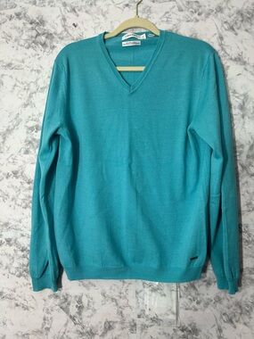 Calvin Klein Men's Teal V-Neck Pullover Sweater 100% merino wool